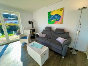 Smart TV, fireplace, DVD player, books
