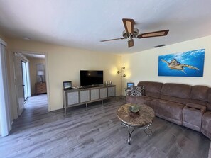 Una Smart TV, un reproductor de DVD, libros, una biblioteca de música