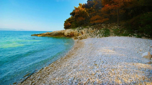 A pebble beach with clear water and a rocky shoreline. - Private and secure 5000 sqm garden, pool, children's playground, only 9 km from the sea (Nedešćina)