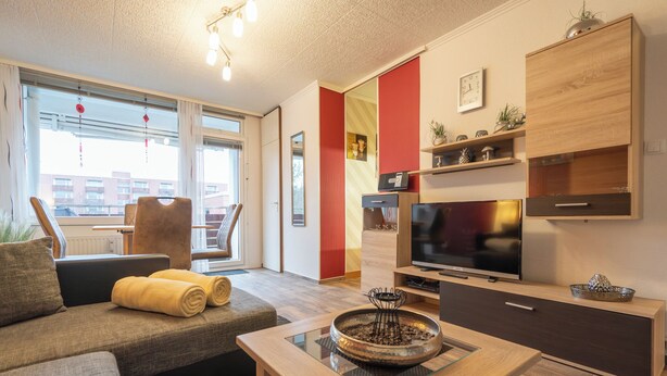 Una sala de estar moderna con un sofá, una mesa de centro, un televisor y una chimenea.