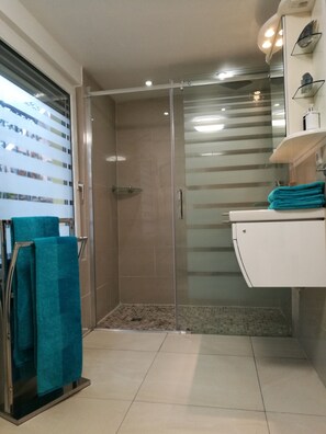 Douche, sèche-cheveux, serviettes fournies, savon