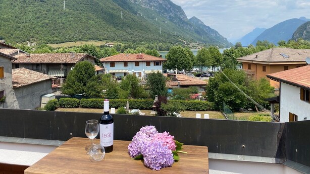 Un balcon avec une bouteille de vin et des fleurs, donnant sur un village avec ses maisons et ses montagnes.