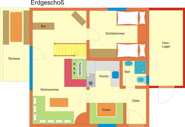 Plano de un hotel con habitaciones señaladas, que incluye bar, terraza, cocina, comedor, sala de estar y baño.