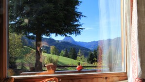 Una ventana con vistas a un paisaje montañoso, una planta en maceta y un objeto rojo en el alféizar.