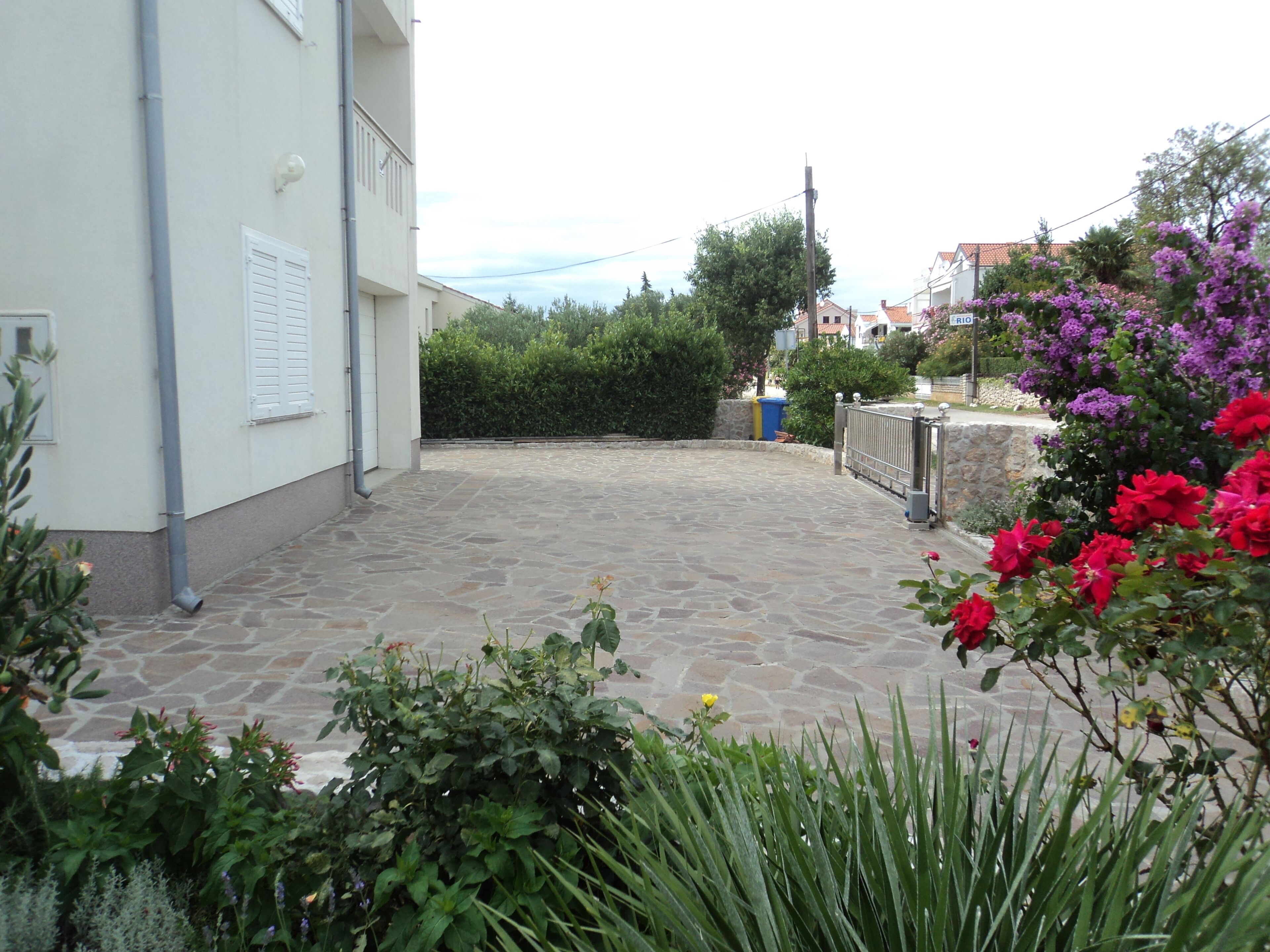 Un cortile con pavimento in pietra, circondato da piante e fiori.