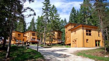 Escape to a serene forest retreat with a cozy cabin-style hotel, featuring a spacious porch and balcony overlooking the lush surroundings.