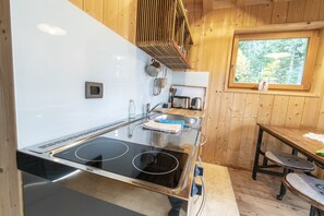 Una cocina compacta con estufa negra, un lavamanos y paredes de madera.