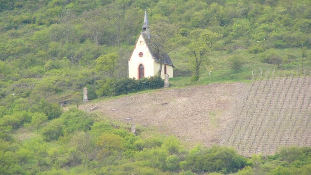 Een kleine kerk met een toren op een heuvel, omgeven door weelderige begroeiing.