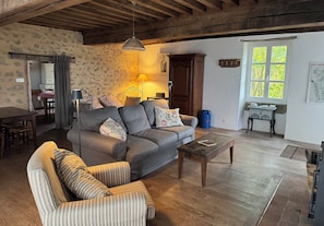 Télévision, cheminée, lecteur de DVD, livres