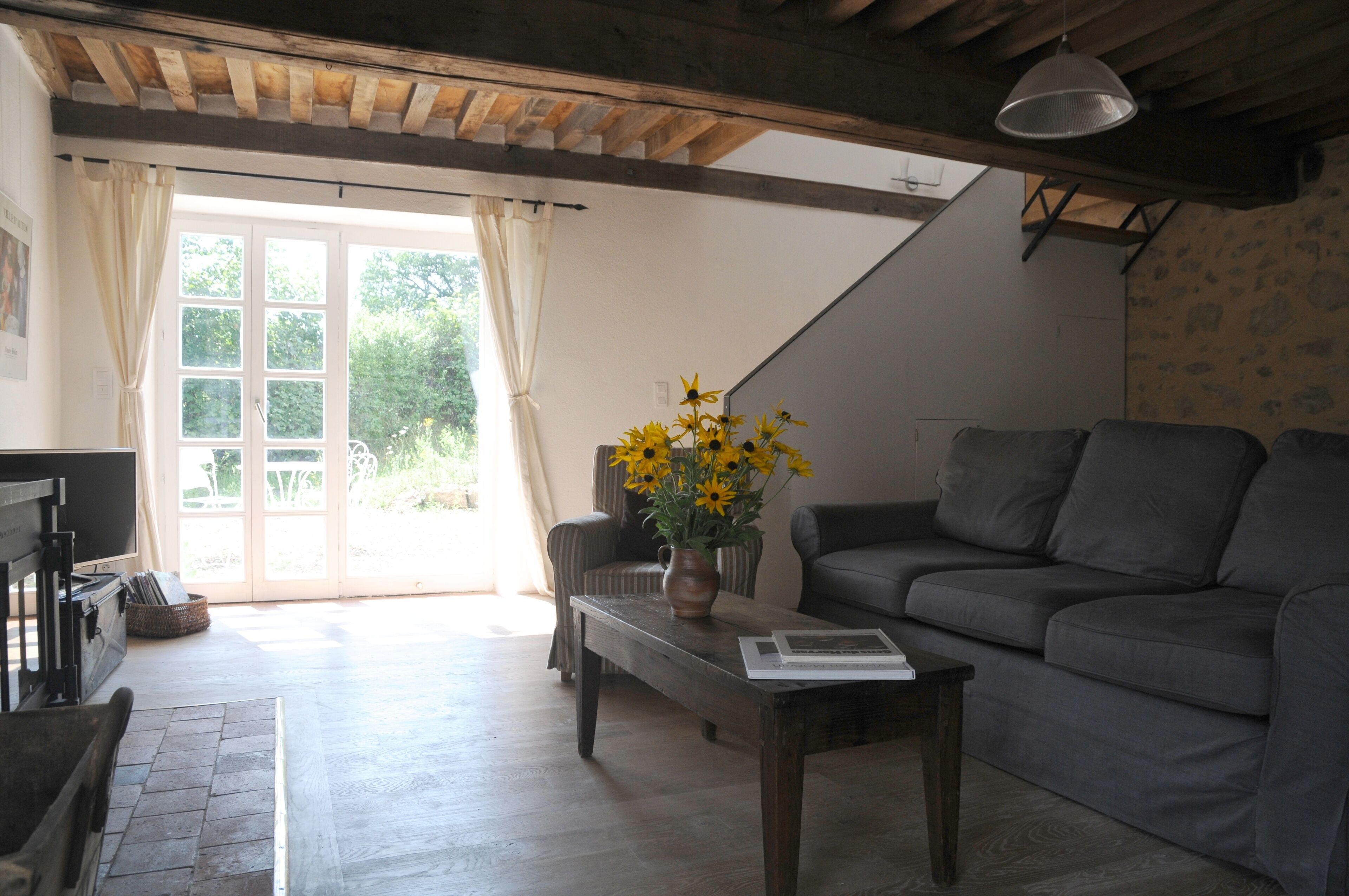 TV, caminetto, lettore DVD, libri