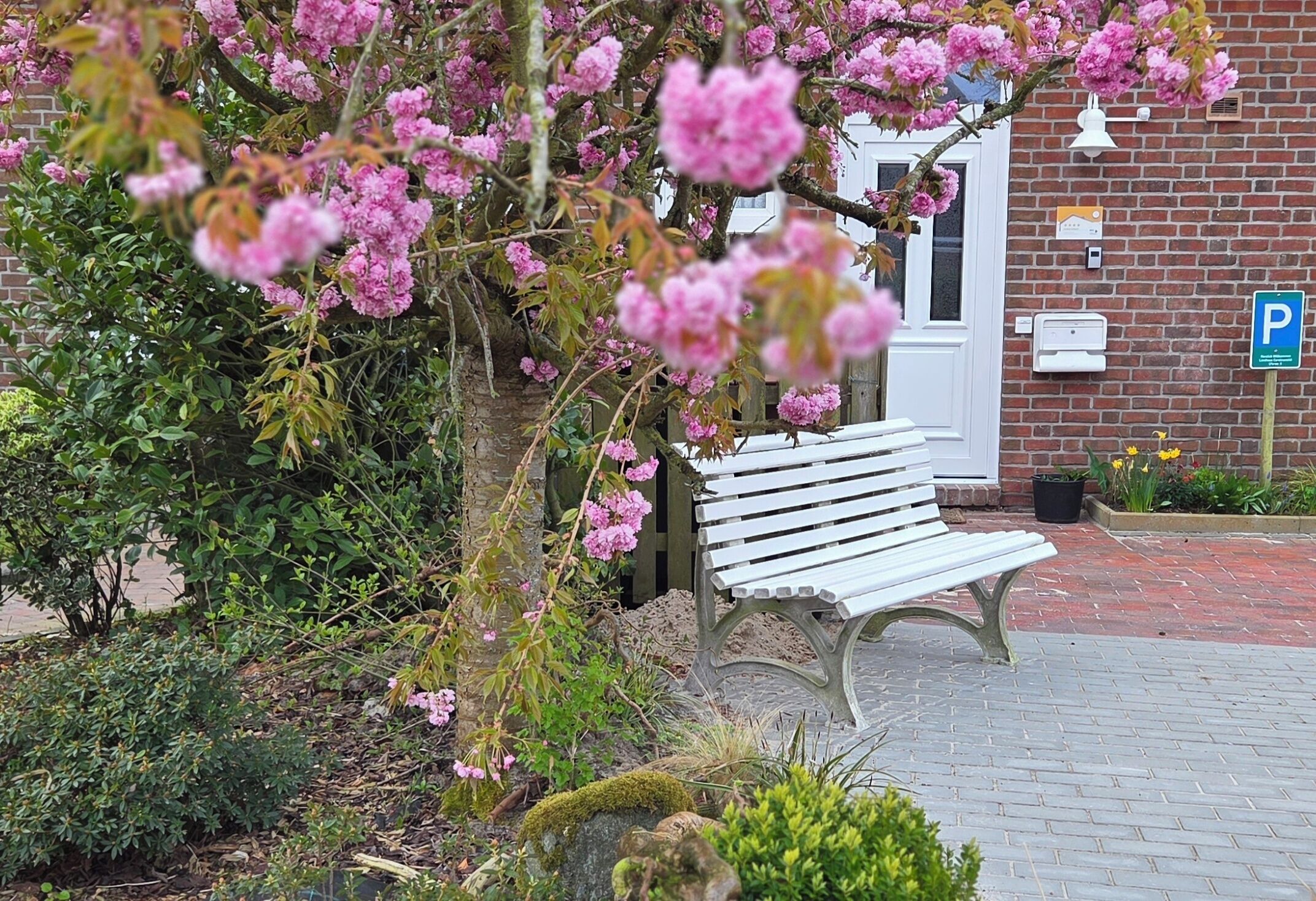 Eine Bank in einem Garten mit rosa Blumen, einer Ziegelmauer und einem Parkschild.