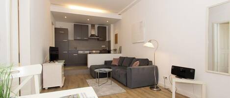 TV, DVD player, video library, stereo