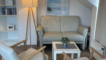 Flat-screen TV, DVD player, books, video library