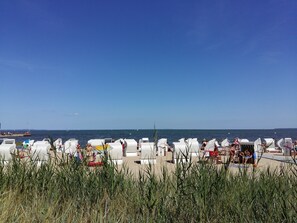 A beach with rows of white beach chairs and umbrellas, a sandy beach, and the sea in the background.