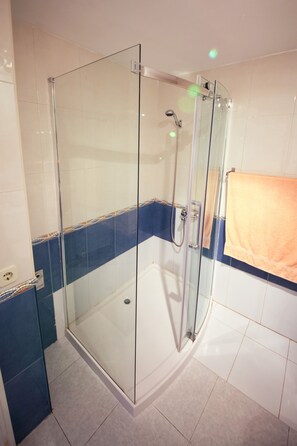 Shower, hair dryer, towels, soap