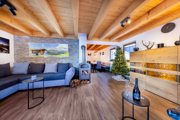 TV, fireplace, DVD player, books