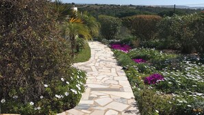 A stone pathway leading through a garden with various plants and flowers. - Detached villa with sea view, heated pool and air conditioning (Caramujeira)