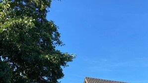 Un terrain de jeux doté d’une structure bleue, d’un espace extérieur abrité avec des sièges et d’un bâtiment avec un toit en tuiles.