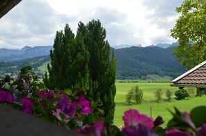 Une vue d’un paysage rural avec des montagnes, un champ verdoyant et un bâtiment doté d’un toit en tuiles.