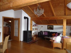 TV, fireplace, books, stereo