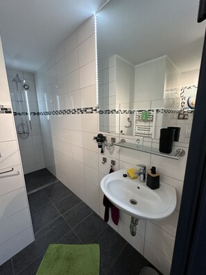 Shower, hair dryer, towels