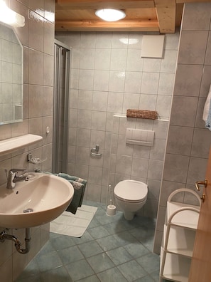Un baño con lavamanos, inodoro y ducha.