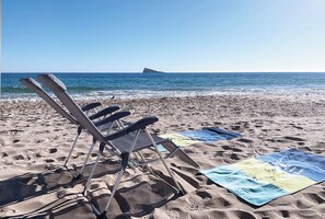 Beach nearby, sun loungers, beach towels