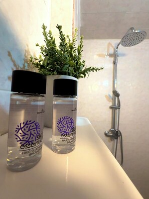 Dusche, Haartrockner, Handtücher, Seife