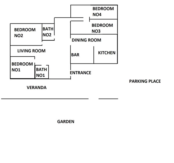 Et plan over et hotel, der viser en stue, to soveværelser, et badeværelse, en spisestue, et køkken, en bar, en indgang, en parkeringsplads, en veranda og en have.