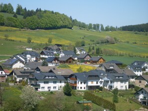 A residential area with houses, some with solar panels, surrounded by green fields and trees. - ☀️☀️☀️ cozy apartment with additional room to expand (Willingen)