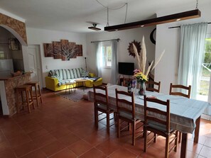 TV, fireplace, books, stereo
