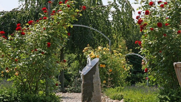 A garden with a stone structure, possibly a fountain, surrounded by lush greenery and flowering plants. - High-quality-modern, approx 65sqm, gr. Garden, exclusive equipment, wirkl. gr. bathroom (Lüneburg)