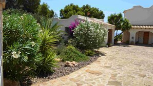 Une cour avec un chemin en pierre, entourée de différentes plantes et d’un bâtiment doté d’un toit en tuiles.
