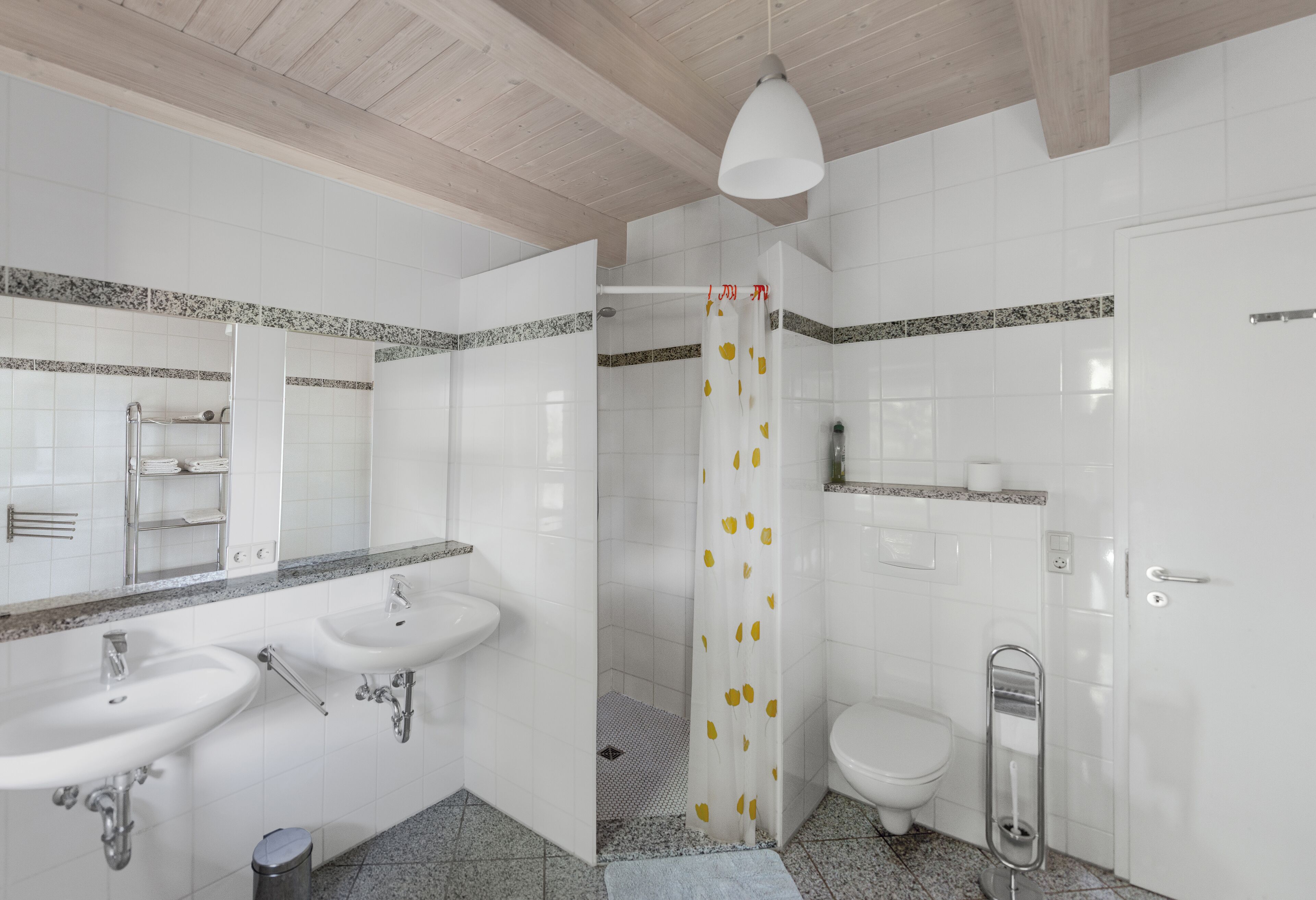 Bathtub, hair dryer, towels, toilet paper