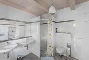 Tina, secadora de cabello, toallas, papel de baño 