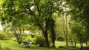 Un jardin luxuriant avec une pelouse, un banc en bois et un grand arbre qui offre de l’ombre.