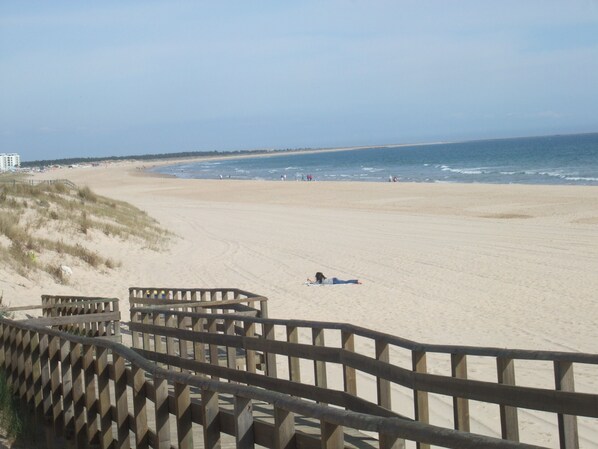 Una playa con un paseo marítimo de madera que lleva a la orilla.