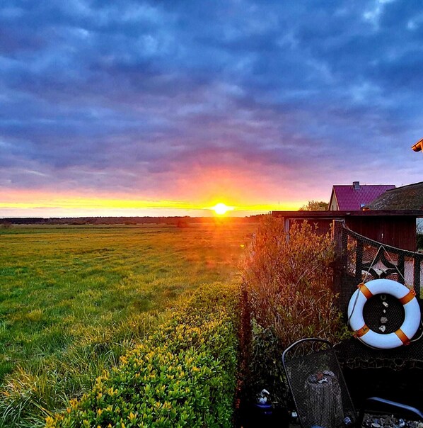 A sunset over a field with a house and a lifebuoy on the right. - "Söt`Hafenhus" at the idyllic, small harbor, with a wide view of Bodden meadows (Pruchten)