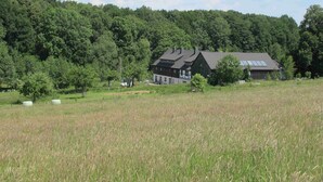 A large house with a sloped roof, surrounded by a lush green forest and a field. - Cozy vacation apartment in the countryside - ideal for switching off & relaxing (Niederbobritzsch)