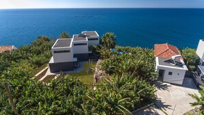 En moderne villa med pool, omgivet af frodigt grønt og med udsigt over havet.