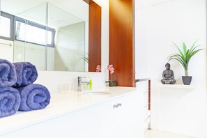 Shower, hair dryer, bidet, towels