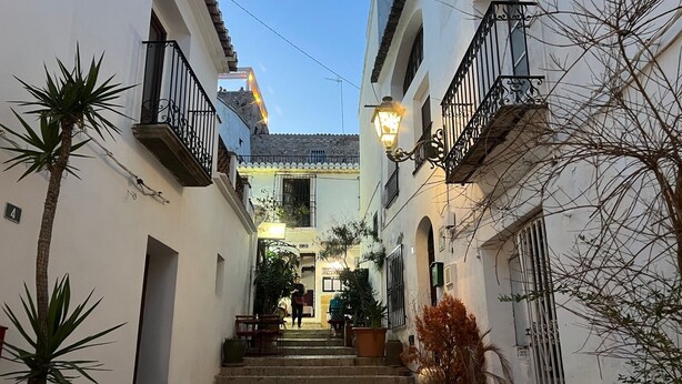 A narrow street with buildings on either side, a staircase leading to a second floor, and potted plants along the path.