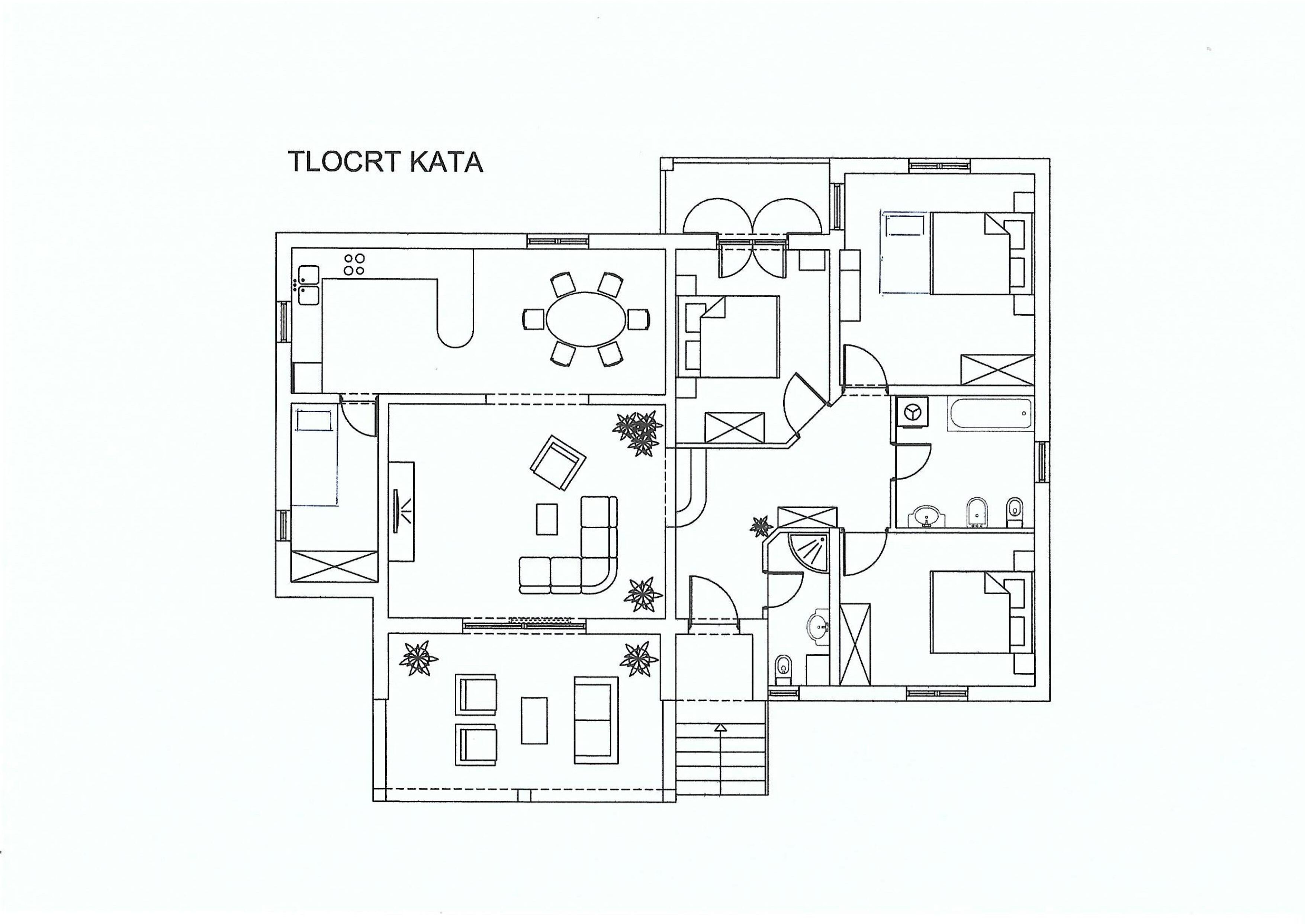 Een plattegrond van een hotel met verschillende kamers, waaronder een eetruimte, een keuken en een woonkamer.