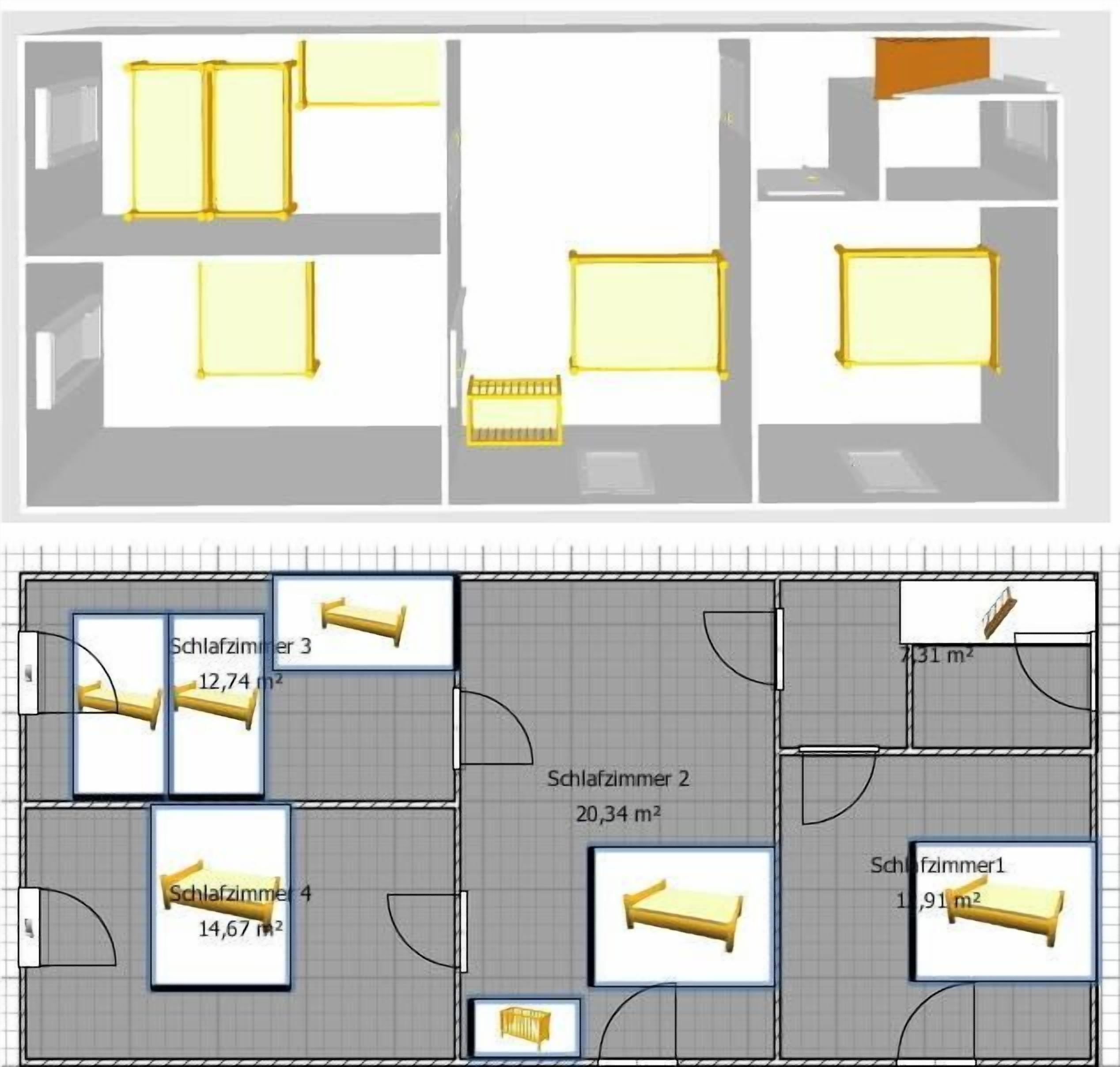 A hotel floor plan with four bedrooms, two bathrooms, and a living area.