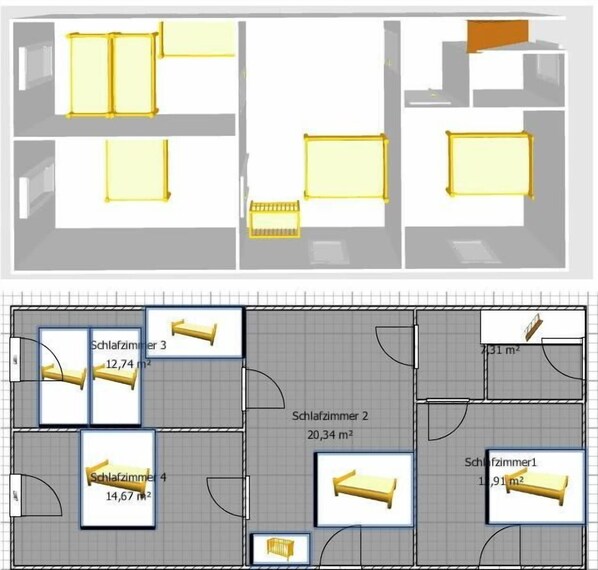 A hotel floor plan with four bedrooms, two bathrooms, and a living area. - 18th-century farmhouse, 140 m², clean, in the countryside, 1,000 m² garden (Burg-Reuland)