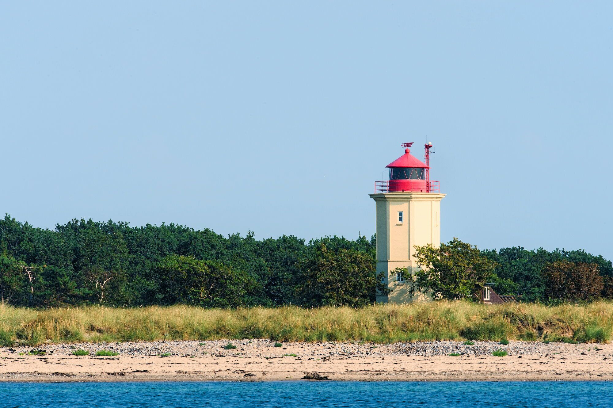 Un faro en una playa arenosa con vegetación densa al fondo.