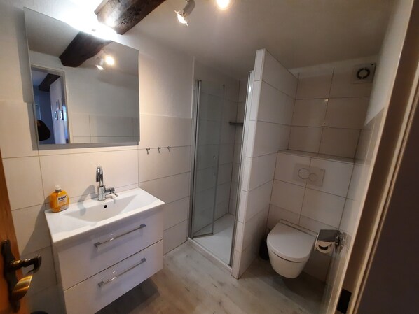 A modern bathroom with a white sink, mirror, and toilet. There is a glass shower enclosure and a small storage cabinet.