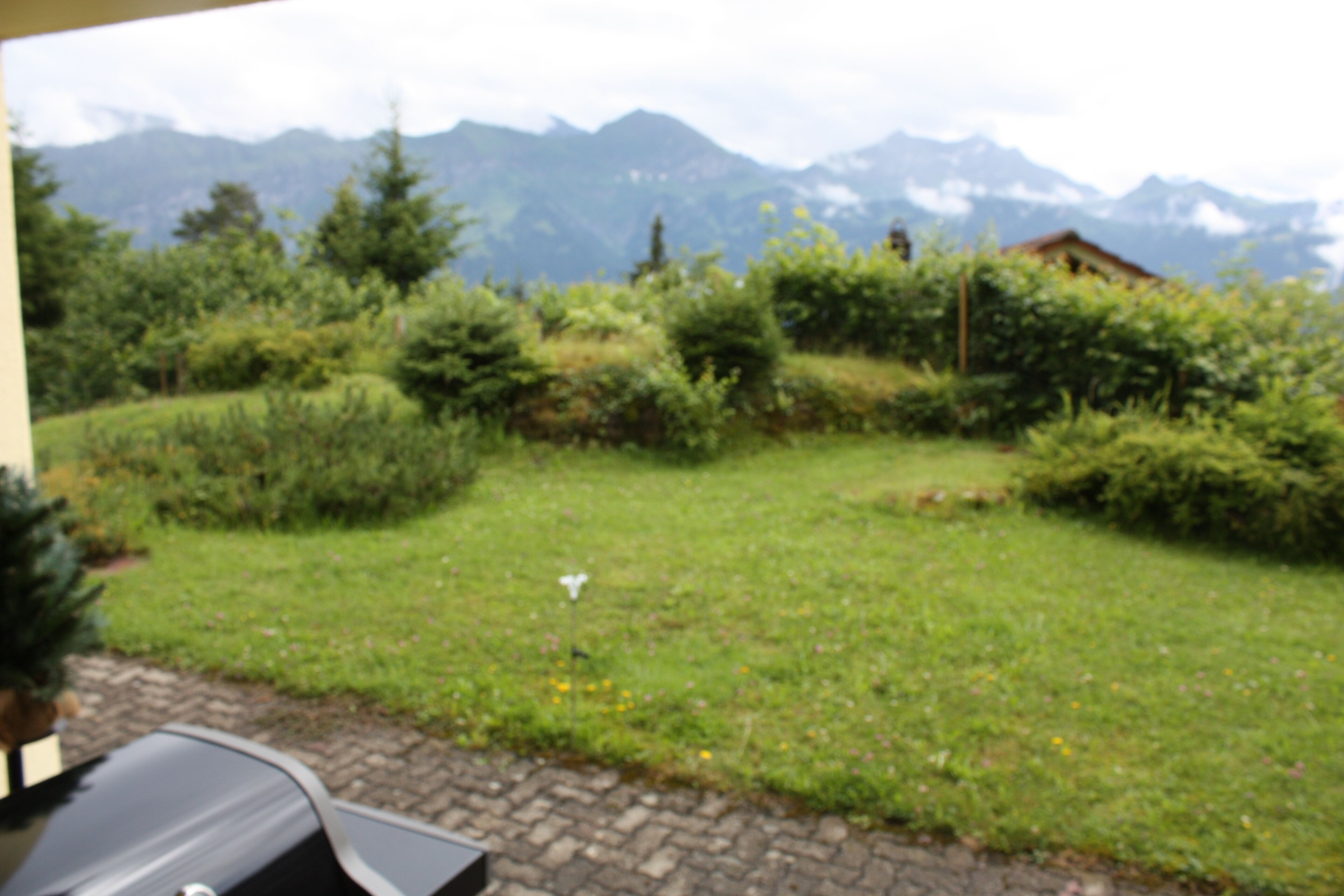 A view of a mountainous landscape with a house and greenery in the foreground.