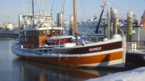 Un bateau nommé « MEMMERT » était amarré dans une marina, avec d’autres bateaux et des bâtiments en arrière-plan.