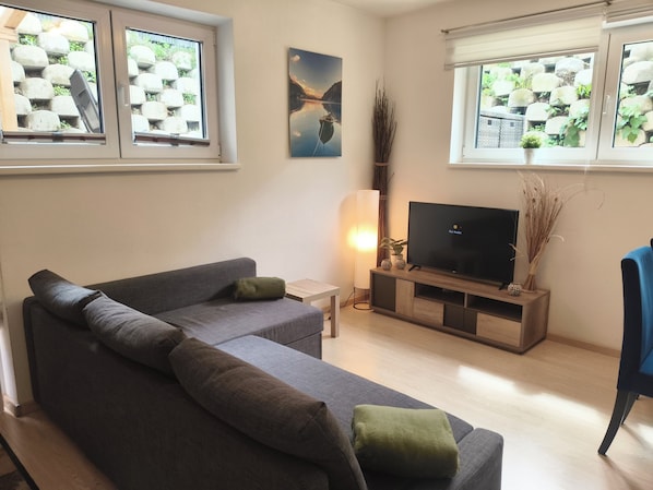 A living room with a grey sofa, a flat-screen TV, a lamp, and a window with a view of rocks and greenery.
